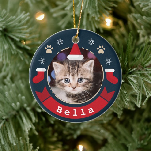 Meowy Christmas Personalised Pet Cat Photo Holiday Ceramic Ornament (Tree)