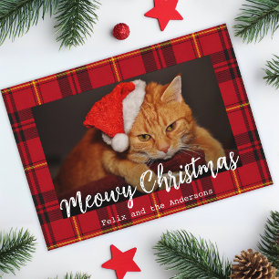 Meowy Christmas Pet Cat Photo and Red Tartan Plaid Holiday Card