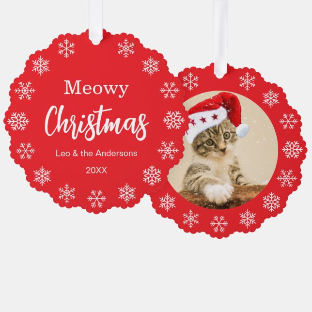Meowy Christmas Pet Cat Photo Snowflakes Red   Tree Decoration Card (Front/Back)