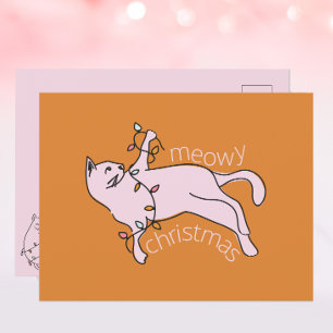 Meowy Christmas Pink Cat Lights Holiday Postcard