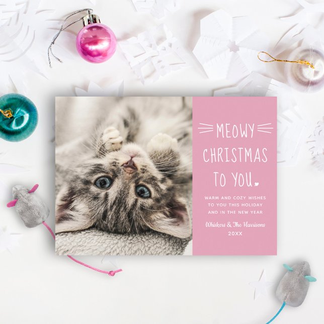 Meowy Christmas Pink Funny Cat Photo Holiday Card (Creator Uploaded)