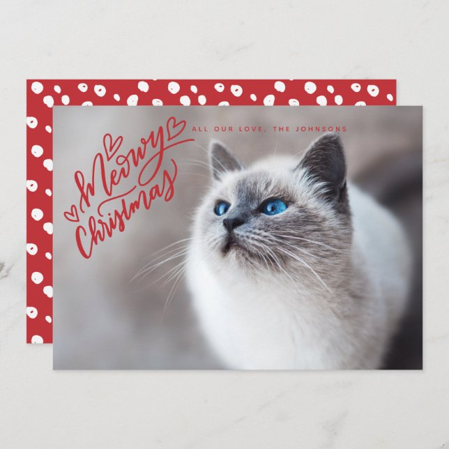 Meowy Christmas Red Hand Lettering Cat Full Photo Holiday Card (Front/Back)