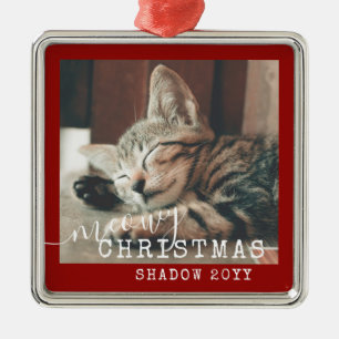 Meowy Christmas Rustic Red Silver Metal Ornament