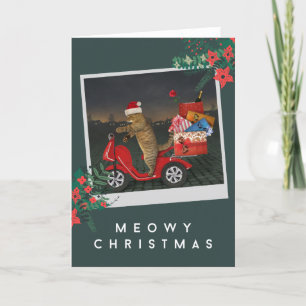 Meowy Christmas - Santa Cat On Scooter With Gifts Holiday Card