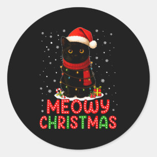 Meowy Christmas Santa Hat Funny Black Cat Men Wome Classic Round Sticker