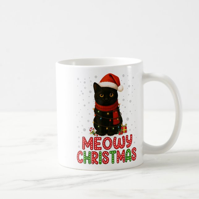 Meowy Christmas Santa Hat Funny Black Cat Men Wome Coffee Mug (Right)
