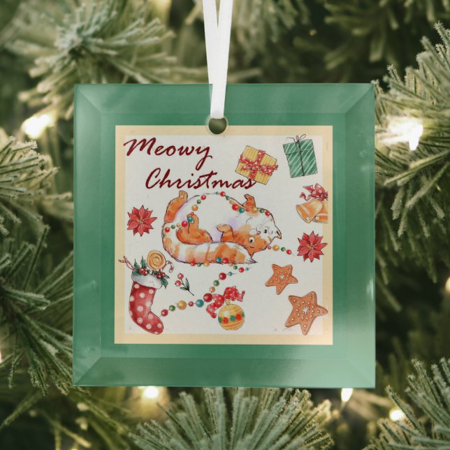 Meowy Christmas Silly Cat Glass Tree Decoration (Insitu)
