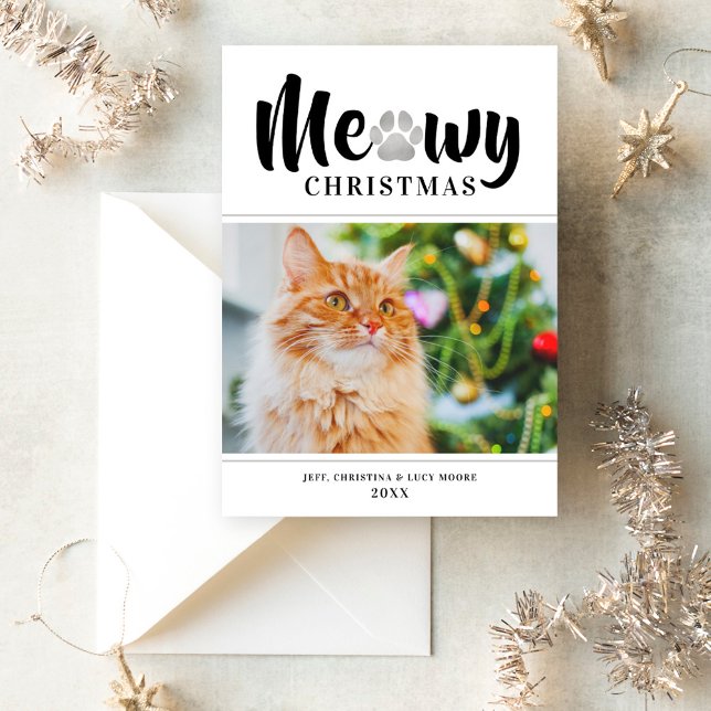 Meowy Christmas Silver Cat Pet Photo Holiday Card (Creator Uploaded)