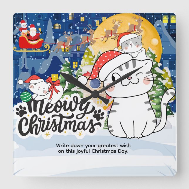 Meowy Christmas Square Wall Clock (Front)