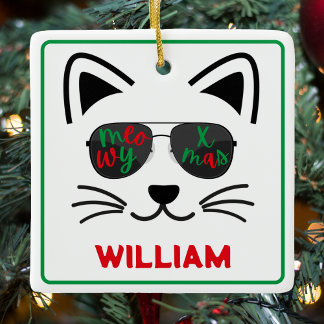 Meowy Christmas Sunglasses Kitty Cat White Ceramic Ornament