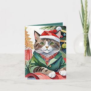Meowy Christmas Tabby Cat Watercolor Holiday Card