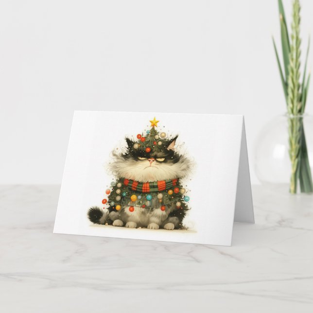 Meowy Christmas Tangled Cat Lights Greeting Card  (Front)