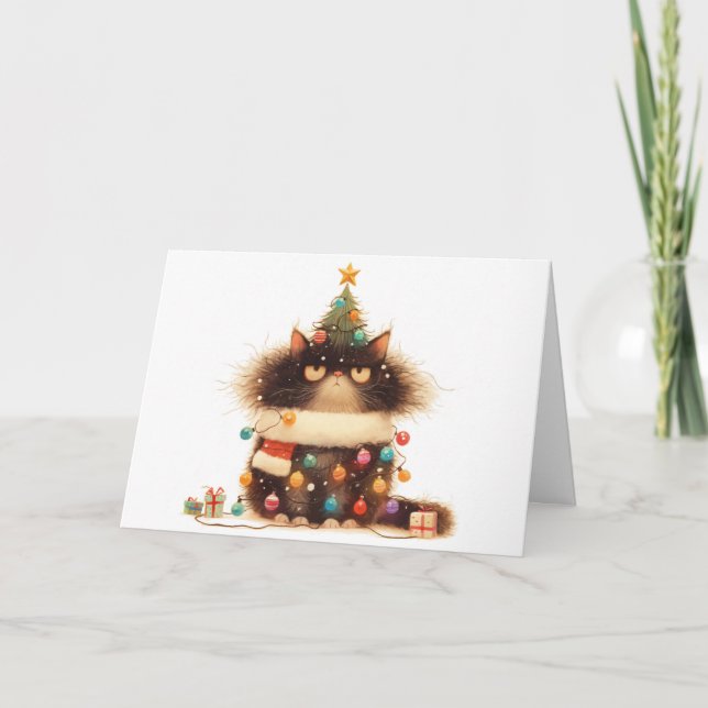 Meowy Christmas Tangled Cat Lights Greeting Card  (Front)