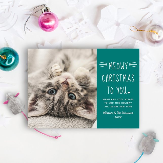 Meowy Christmas Teal Green Funny Cat Photo Holiday Card (Creator Uploaded)