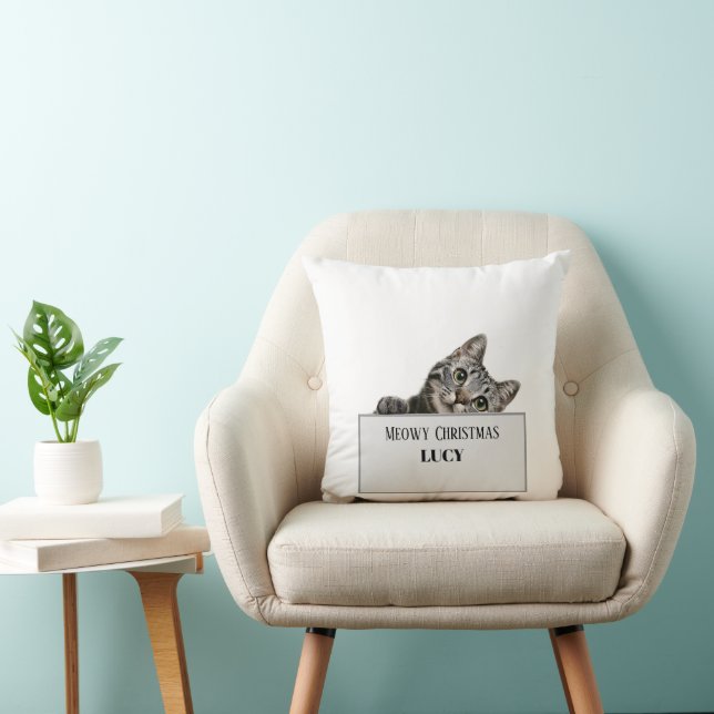 Meowy Christmas Throw Pillow – Holly Paws Holiday  (Chair)