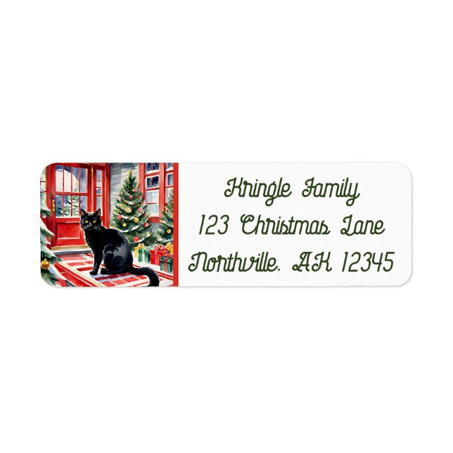 Meowy Christmas Tree & Black Cat Return Address  Label (Front)