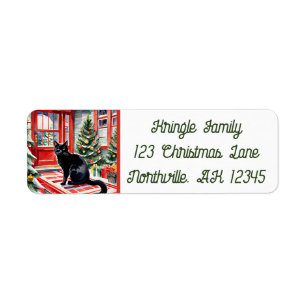 Meowy Christmas Tree & Black Cat Return Address  Return Address Label