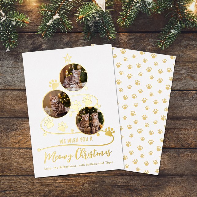 Meowy Christmas Tree Cat 3 Photos Pets Foil Holiday Card (Creator Uploaded)