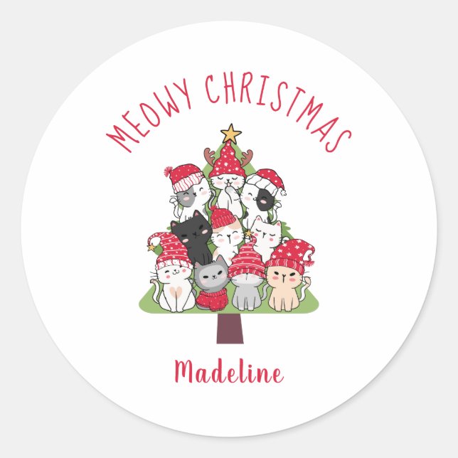Meowy Christmas Tree Cats Classic Round Sticker (Front)