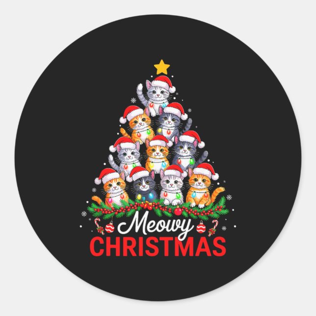 Meowy Christmas Tree Lights Cat Santa Xmas Family  Classic Round Sticker (Front)
