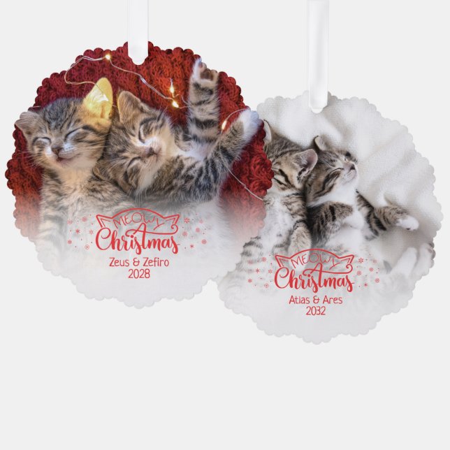 Meowy Christmas two pictures fun cat lover Tree Decoration Card (Front/Back)