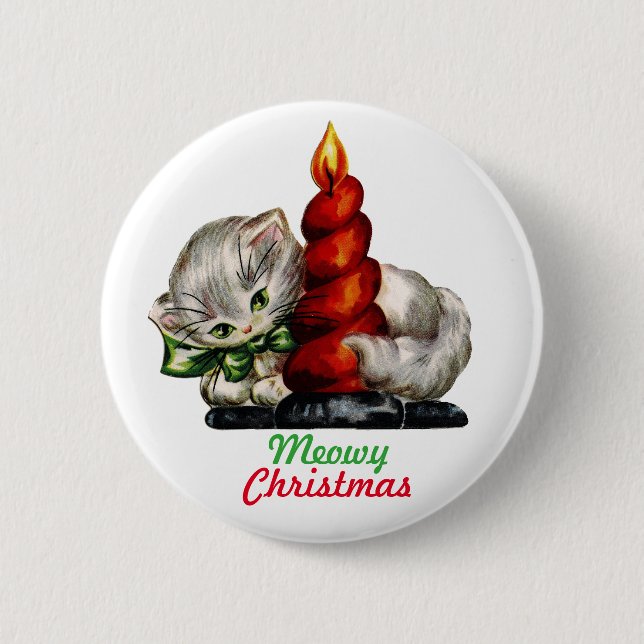 "Meowy Christmas" Vintage Kitten Button (Front)