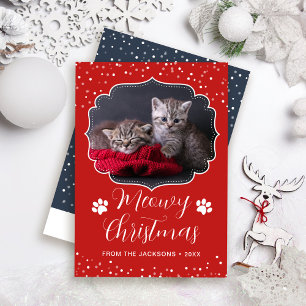 Meowy Christmas White Script Pet Cat Photo Holiday Card
