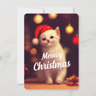 Meowy Christmas With Cute White Kitten Invitation