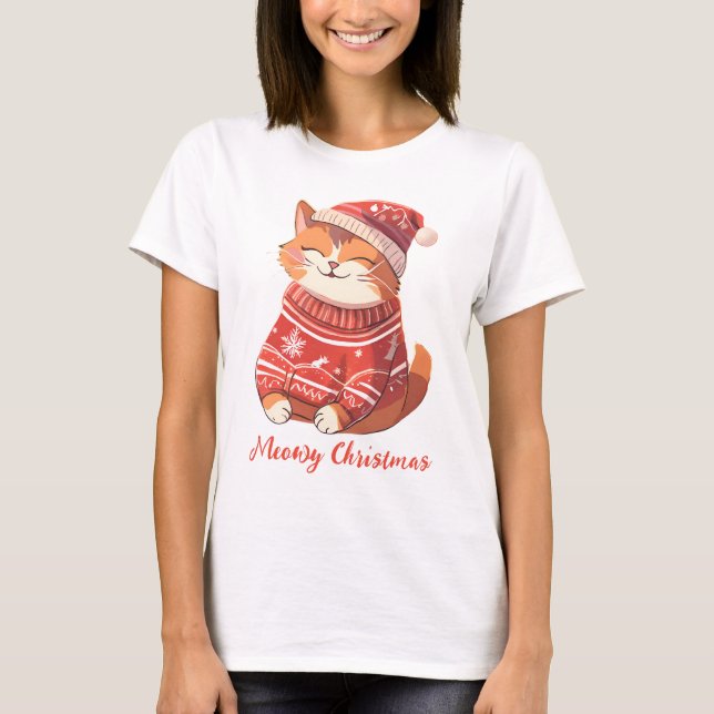 Meowy Christmas Women's T-Shirt with Festive Cat  (Front)