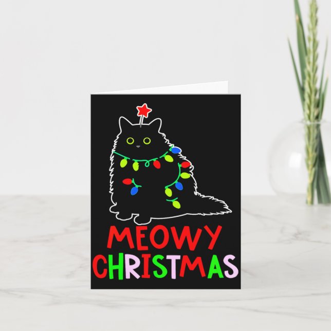 Meowy Christmas Xmas Lights Black Cat Pajamas  Card (Front)