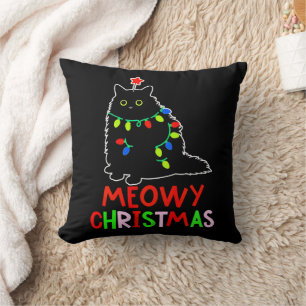 Meowy Christmas Xmas Lights Black Cat Pajamas Cushion
