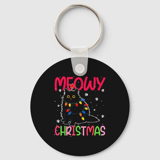 Meowy Christmas Xmas Lights Black Cat Pajamas Fami Key Ring (Front)
