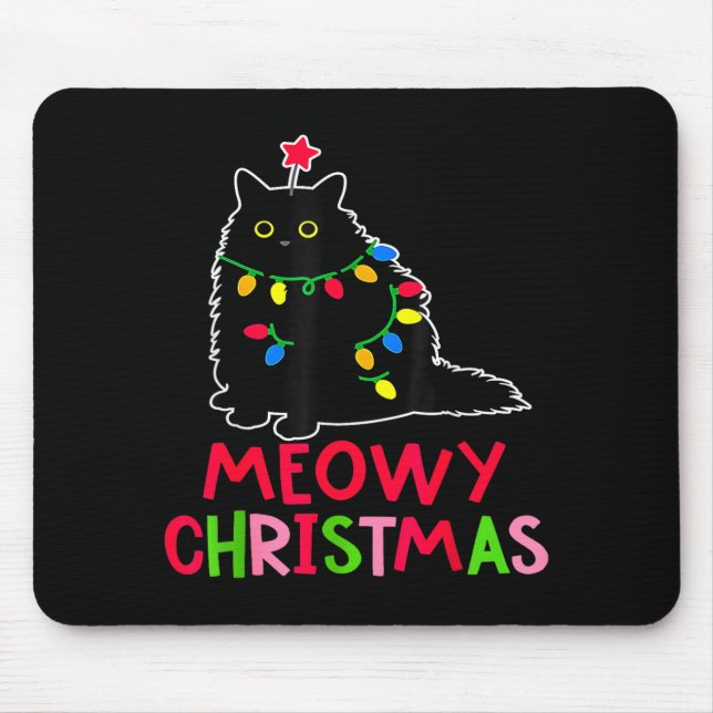 Meowy Christmas Xmas Lights Black Cat Pajamas Fami Mouse Pad (Front)