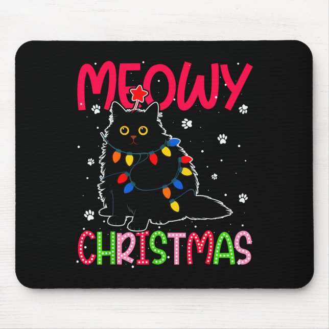 Meowy Christmas Xmas Lights Black Cat Pajamas Fami Mouse Pad (Front)