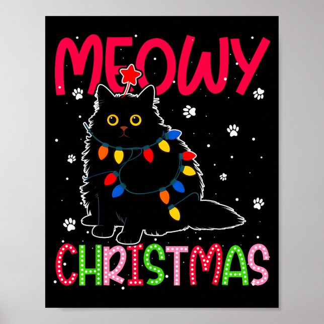 Meowy Christmas Xmas Lights Black Cat Pajamas Fami Poster (Front)