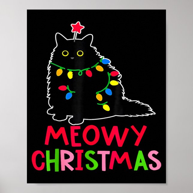 Meowy Christmas Xmas Lights Black Cat Pajamas Fami Poster (Front)