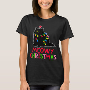 Meowy Christmas Xmas Lights Black Cat Pajamas Fami T-Shirt