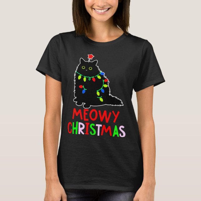 Meowy Christmas Xmas Lights Black Cat Pajamas  T-Shirt (Front)