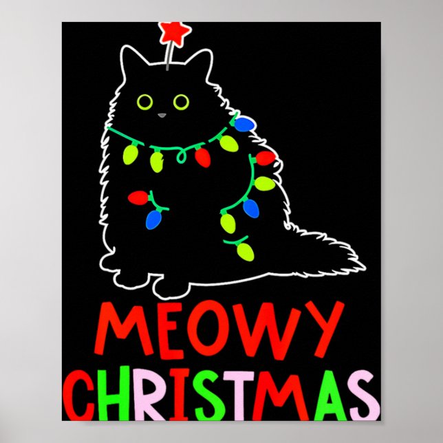 Meowy Christmas Xmas Lights Black Cat Pajamas Todd Poster (Front)