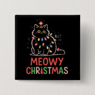 Meowy Christmas Xmas Lights Black Cat Pyjamas 15 Cm Square Badge