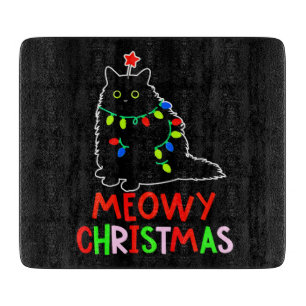 Meowy Christmas Xmas Lights Black Cat Pyjamas  Cutting Board
