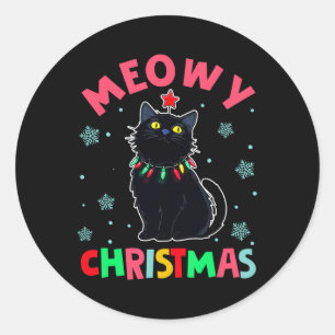 Meowy Christmas Xmas Lights Black Cat Pyjamas Fami Classic Round Sticker