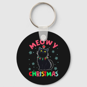 Meowy Christmas Xmas Lights Black Cat Pyjamas Fami Key Ring