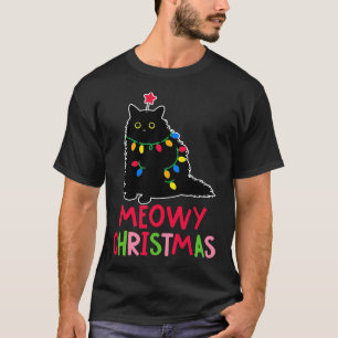 Meowy Christmas Xmas Lights Black Cat Pyjamas Fami T-Shirt