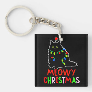 Meowy Christmas Xmas Lights Black Cat Pyjamas Key Ring