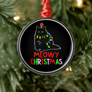 Meowy Christmas Xmas Lights Black Cat Pyjamas Metal Ornament