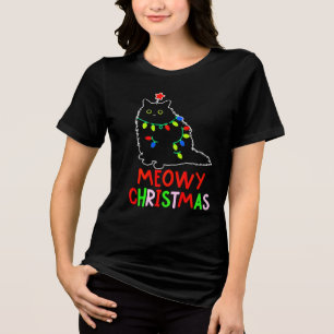 Meowy Christmas Xmas Lights Black Cat Pyjamas Tri-Blend Shirt