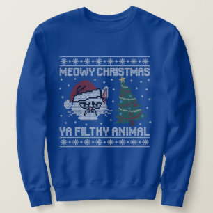 Meowy Christmas Ya Filthy Animal - Cat Head Design Sweatshirt