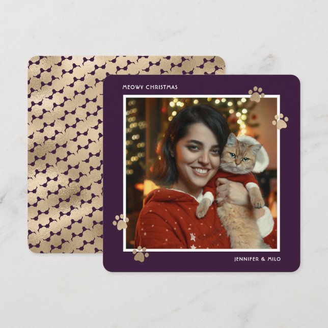  Meowy Purple Gold Cat Owner Modern Photo Holiday Card (Front/Back)