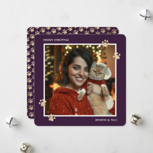 Meowy Purple Gold Cat Paws Photo Holiday Card